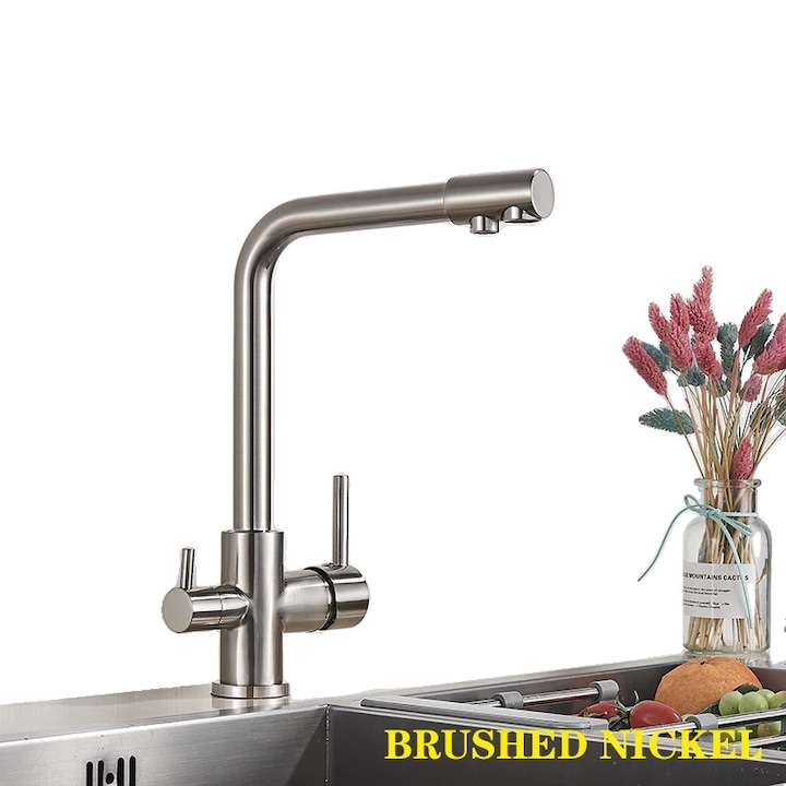 Fürdőszobai csaptelep, kétkaros kivitel, sárgaréz szerkezet, meleg és hideg víz funkció, szálcsiszolt nikkel