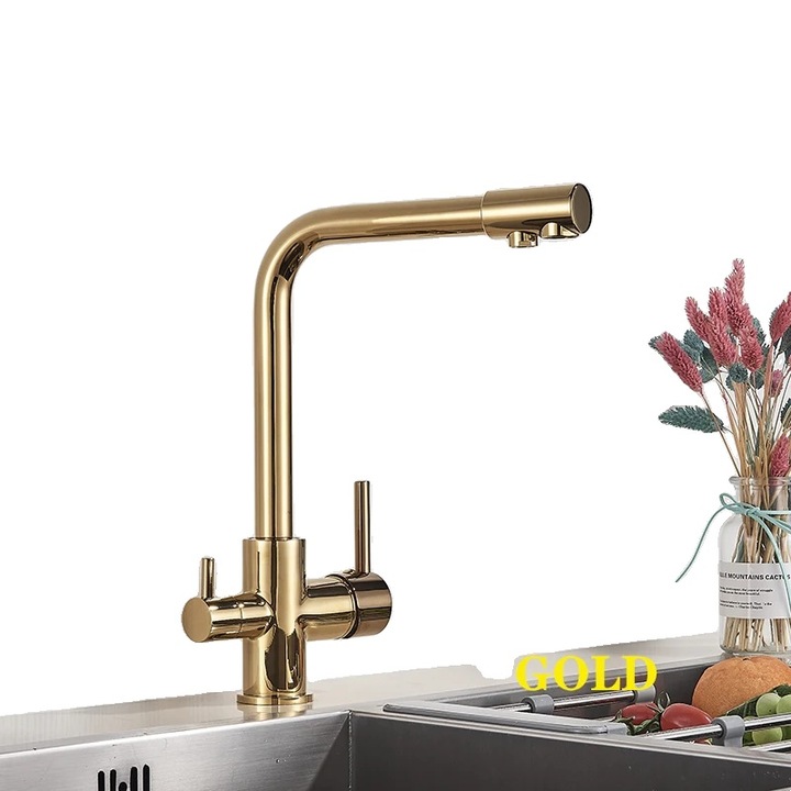 Fürdőszobai csaptelep, kétkaros kialakítás, 360°-os forgatás, hideg és meleg víz, arany színben