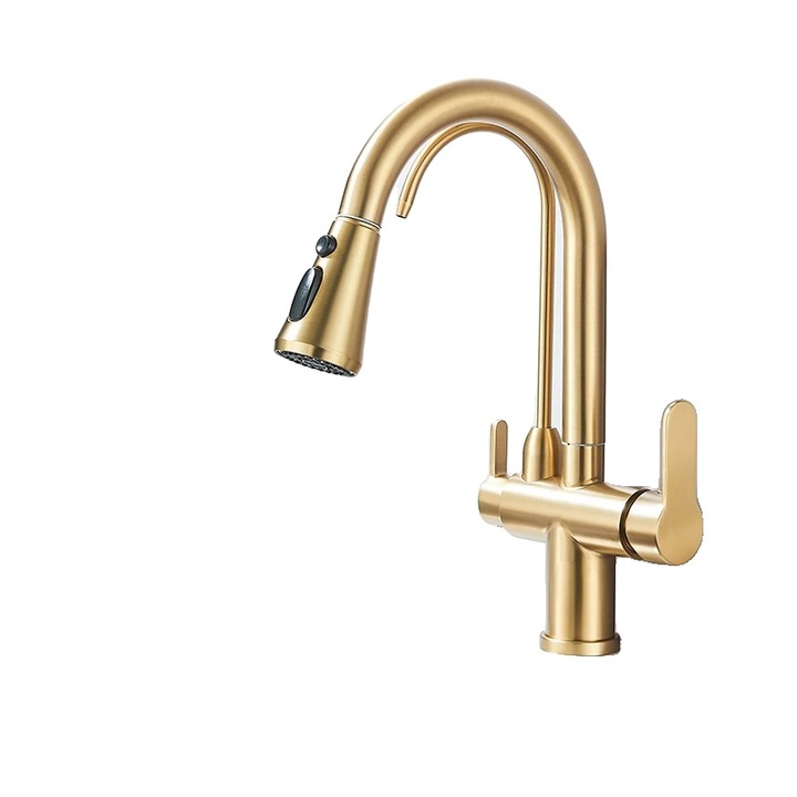 Fürdőszobai csaptelep, kettős fogantyúval, forgó kifolyóval, szálcsiszolt arany, 2,5 kg