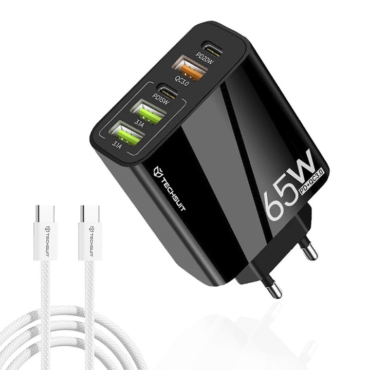 Incarcator de retea Stef's Cat CHC2, 2 porturi USB-C si un port USB, 65 W, cu cablu inclus, culoare Negru