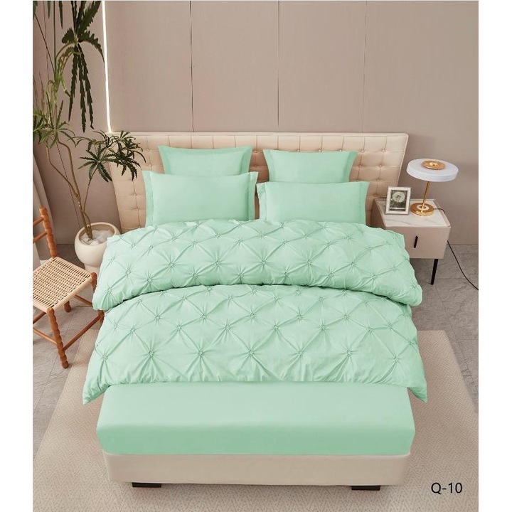 Lenjerie De Pat 6 Piese cu Elastic, cu Pliuri Premium, Bumbac, Brodate, Cearceaf Pilota 200x230cm x1, Cearceaf de Pat 180x200cm x1, Fata de Perna 50x70cm x2, Fata de Perna 70x70 x2, Turcoaz