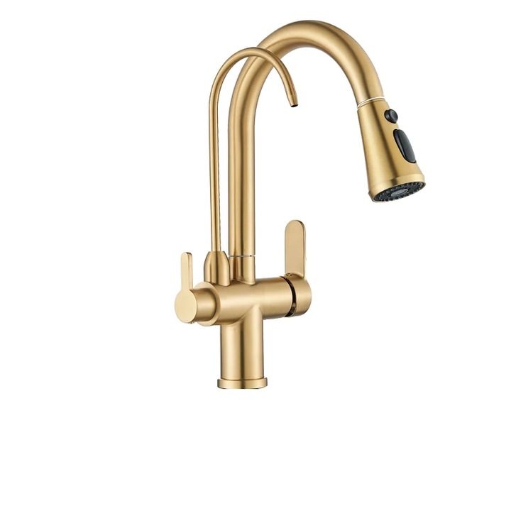 Szaniter mosogató csaptelep, kétkaros kialakítás, tisztított víz, szálcsiszolt arany felület, pultra szerelhető