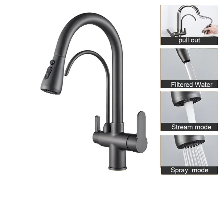 Szaniter csaptelep, kettős, tisztított víz, fekete arany, pultra szerelhető