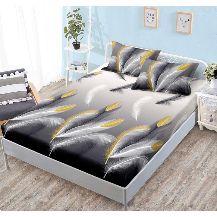 Husa De Saltea 3 Piese, Finet, Cearceaf cu Elastic 160x200cm, 2x Fata de Perna 50x70, Model, Fulg Alb/Galben