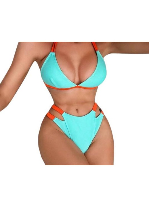 Női kétrészes fürdőruha, mentazöld pöttyös, magas derekú, elegáns nyári, L-es méret