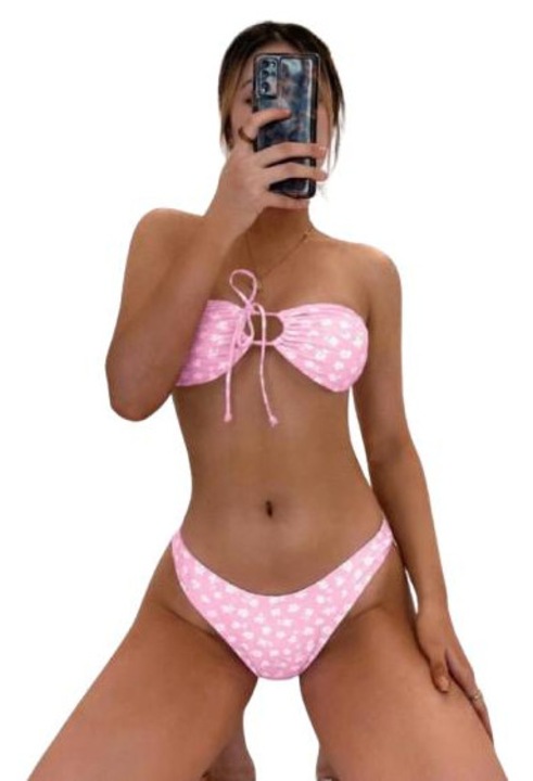 Női fürdőruha, kétrészes, rózsaszín és fehér, fűzős, elegáns nyári, állítható melltartóval, M-es méret