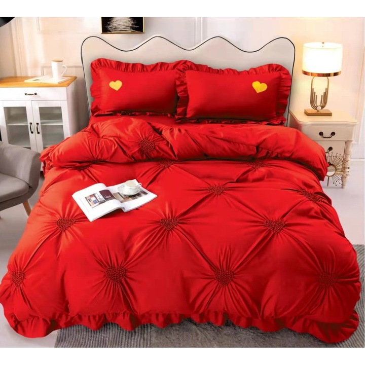 Lenjerie De Pat Cu Inimioare Brodate - Rosu