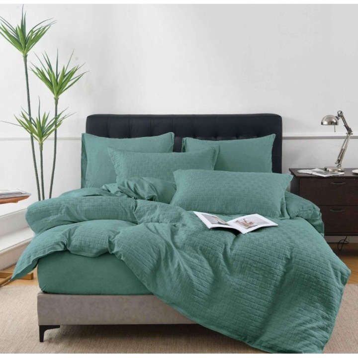 Lenjerie de pat dublu, Primavara, Cearsaf cu Elastic, Bumbac Tricotat, 4 piese, 2 persoane, Uni, 180x200cm, Verde