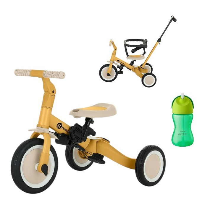 Триколка, Petite&Mars, Turbo, 5 в 1, Многофункционална, Подвижна дръжка, Гумени колела, До 25 кг, Охра + Шише със сламка, Philips Avent, 300 мл, 12+ месеца, Зелена
