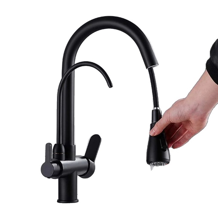 Szaniter csaptelep, meleg és hideg víz szabályozás, rugalmas kialakítás, fekete, pultra szerelhető