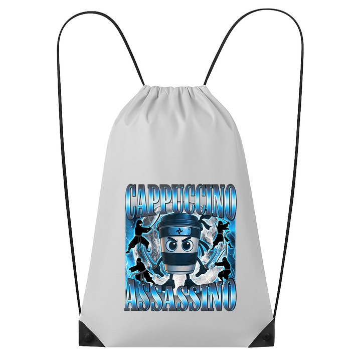 Rucsac tip ghiozdan Cappuccino Assassino Ninja Blue - Tralalero Tralala, Poliester, Cri-flo, Culoare Alb, Marime 34 x 45 cm