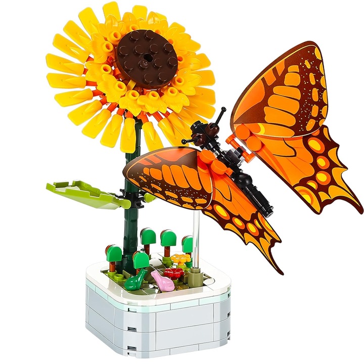 Конструктивен комплект цветя, образователна и творческа DIY играчка за домашен декор, подходящ за деца 3+ и възрастни, 219 части, слънчогледи и пеперуди, жълт
