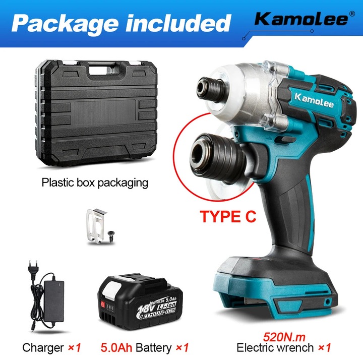 Cheie de impact electrica Kamolee, 520N.m, acumulator litiu-ion reincarcabil, set accesorii, cutie plastic