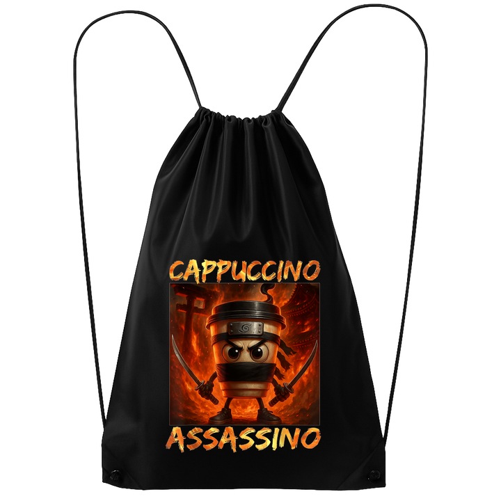 Rucsac tip ghiozdan Cappuccino Assassino Ninja Red - Tralalero Tralala, Poliester, Cri-flo, Culoare Negru, Marime 34 x 45 cm