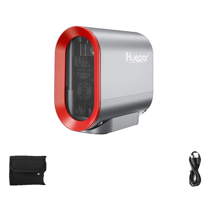 Лазерен нивелир Huepar, проекция на 2 зелени линии, размери 12.5x10x9 см, комплект с мек калъф, стойка, ръководство за употреба и зарядно устройство Type-C