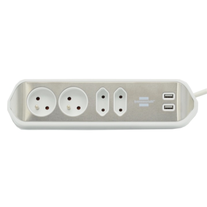 Удължителен кабел с 4 гнезда, Brennenstuhl, 2USB, 2 м, устойчива пластмаса, неръждаема стомана