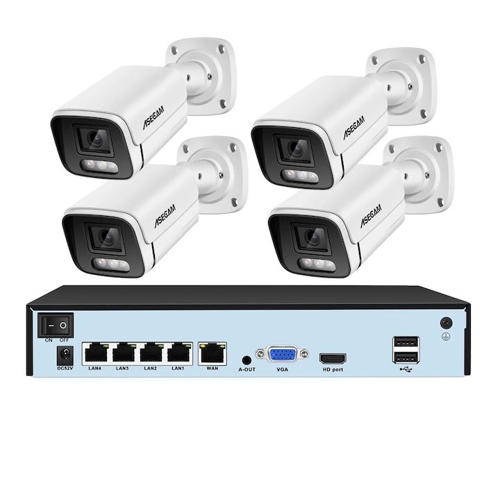 Sistem de supraveghere 8CH, 12MP, detectie umana si vehicul, set 4 camere, IP67