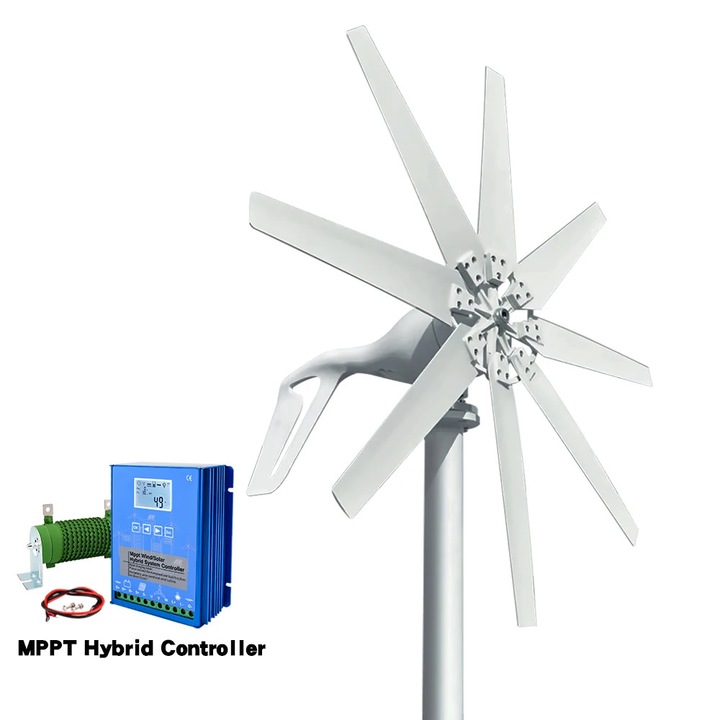 Turbina eoliana cu controller hibrid MPPT, 6kWh, 1000W, 48V, set complet cu 4 panouri solare flexibile de 100W