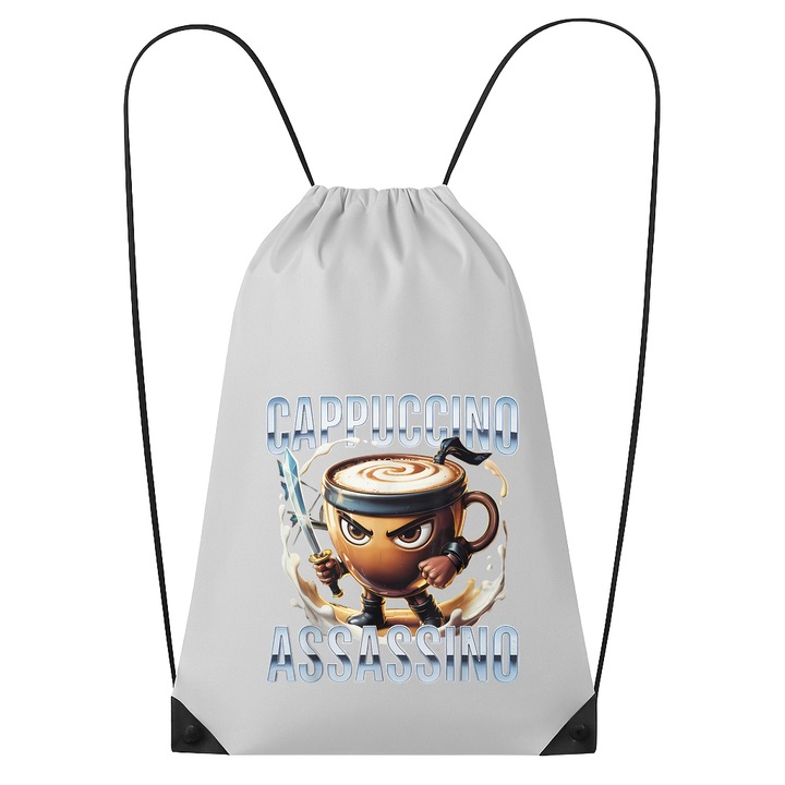 Rucsac tip ghiozdan Cappuccino Assassino Anime - Tralalero Tralala, Poliester, Cri-flo, Culoare Alb, Marime 34 x 45 cm