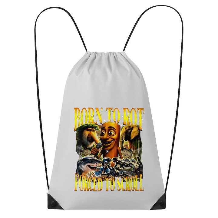 Rucsac tip ghiozdan Born To Rot Forced To Scroll - Tralalero Tralala, Poliester, Cri-flo, Culoare Alb, Marime 34 x 45 cm