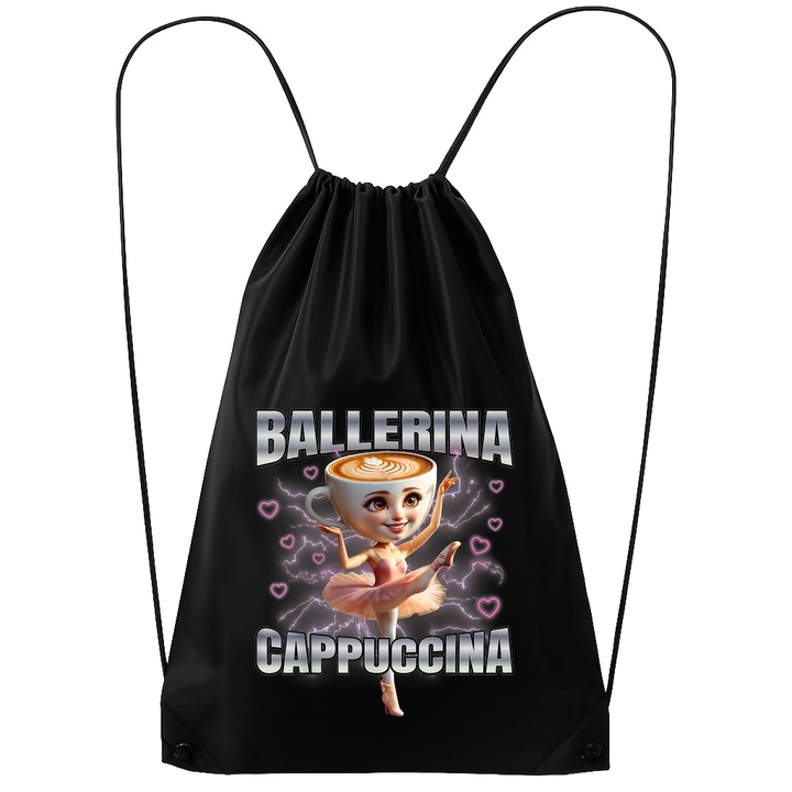 Rucsac tip ghiozdan Ballerina Capuucina Inimi Roz - Tralalero Tralala, Poliester, Cri-flo, Culoare Negru, Marime 34 x 45 cm