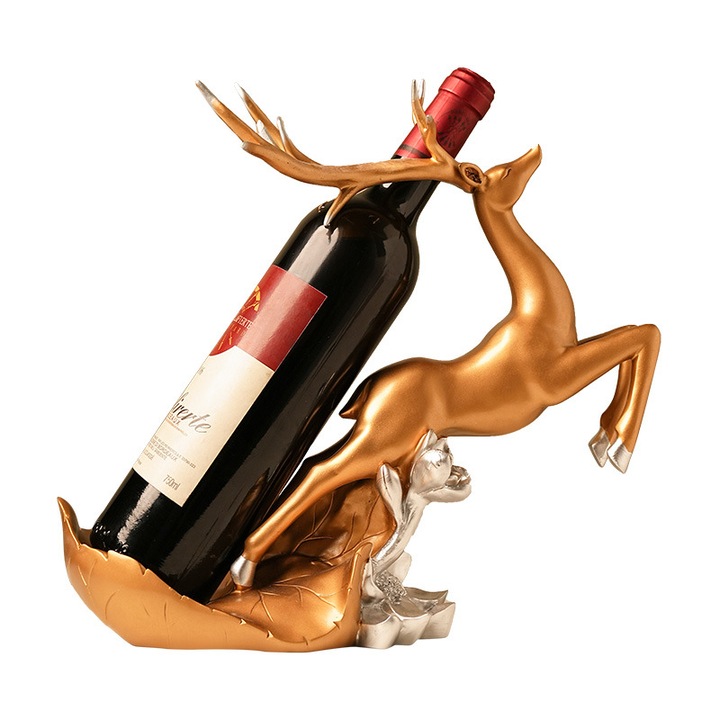 Luxus Díszes Bortartó – Elegáns Arany Szarvas, Prémium Ajándék, 750 ml-es Palackokhoz Alkalmas, Stílusos Asztali Kiegészítő, VIS®