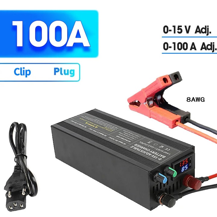 Redresor auto CT100A 12.8V, curent ajustabil 0-60A, tensiune ajustabila 0-15V, carcasa din aluminiu, cu display, set