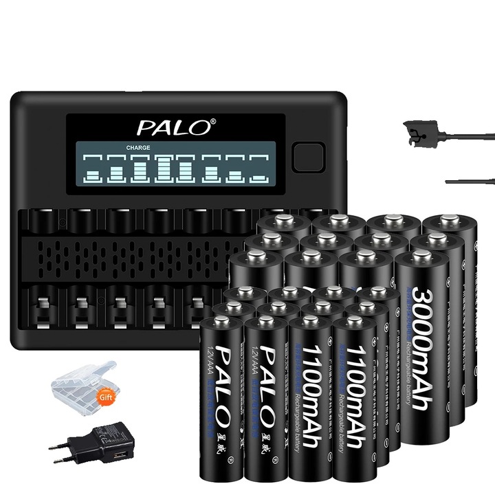 Set baterii reincarcabile 12AA 12AAA 1 incarcator, 3000mAh AA, 1100mAh AAA, tehnologie Ni-MH