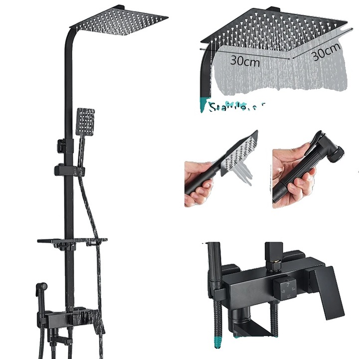 Fürdőszobai csaptelep szett, 4 irányú, kézi zuhany, állítható 80x120cm, fekete, 12 hüvelykes