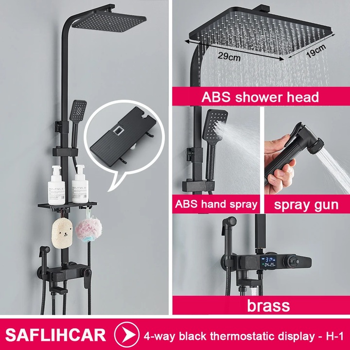 Set de dus cu termostat, negru, cap de dus ABS, spray de mana ABS, suport pentru doua sticle