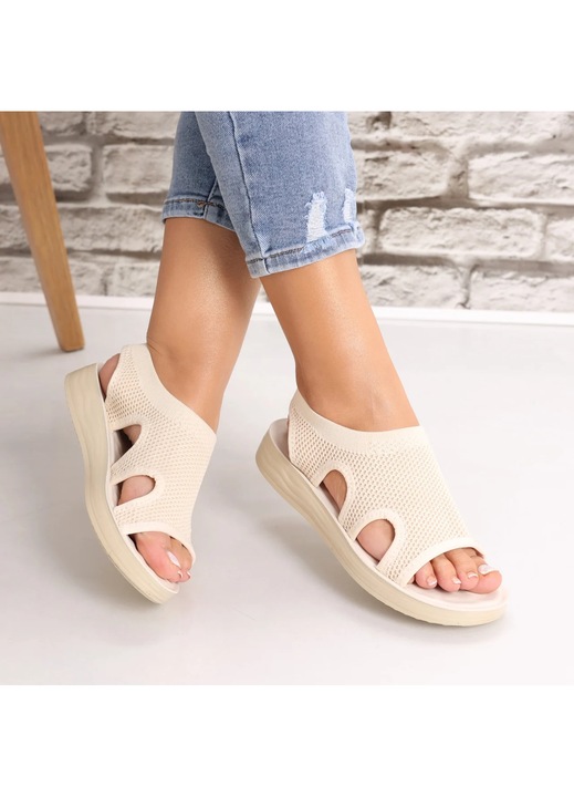 Sandale dama Fara toc Bej din Textil Laren, Bej