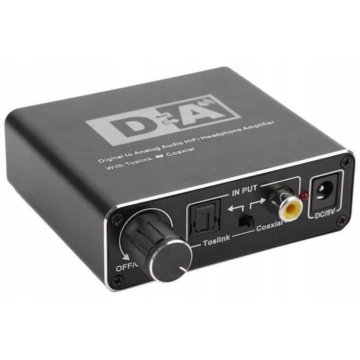 DAC Toslink koaxiális 2x Chinch audio konverter, kompakt, erősítővel, fekete