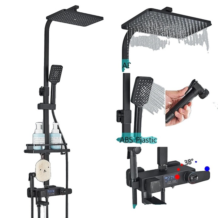 Set de dus termostatic, cap de dus ABS, robinet bidet inclus, negru, control cu un singur maner