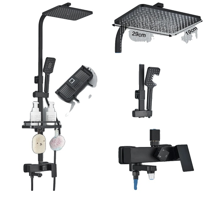 Set de dus cu robinet din alama, design contemporan, tehnologie termostatica, negru, cap de dus de 8 inch, spray de mana din ABS