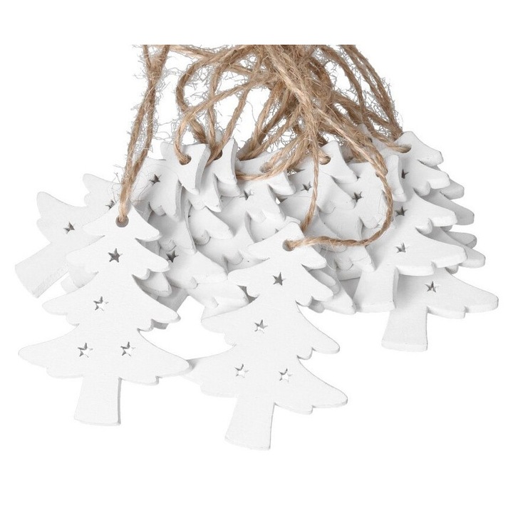 Globuri de Craciun din lemn, Luka, set 10 bucati, alb, 15x3,5x5,5cm