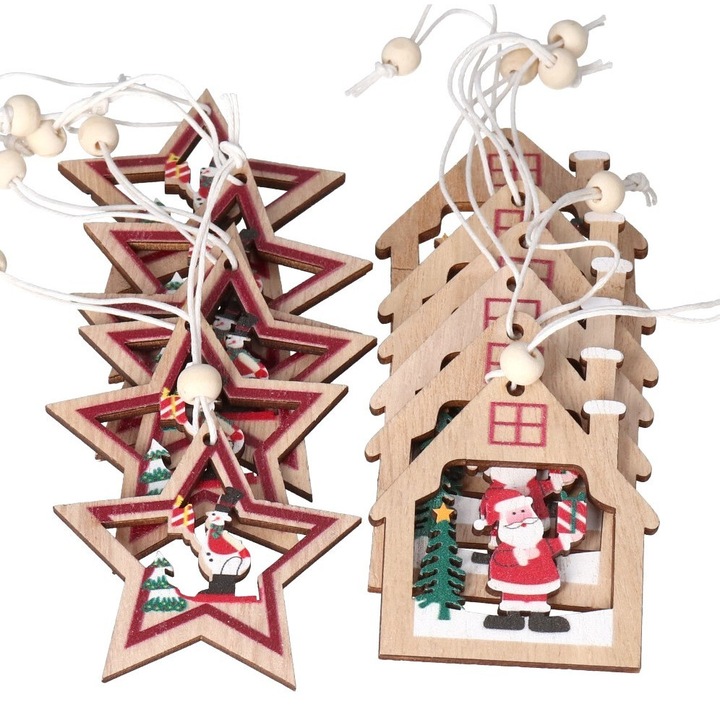 Globuri de Craciun din lemn, Luka, set 12 bucati, 6x6cm, 6x5,6cm, multicolor