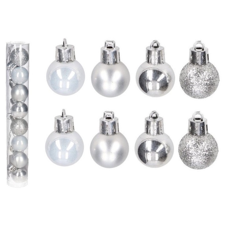 Globuri de Craciun, 8 bucati, 4cm, plastic, argintii