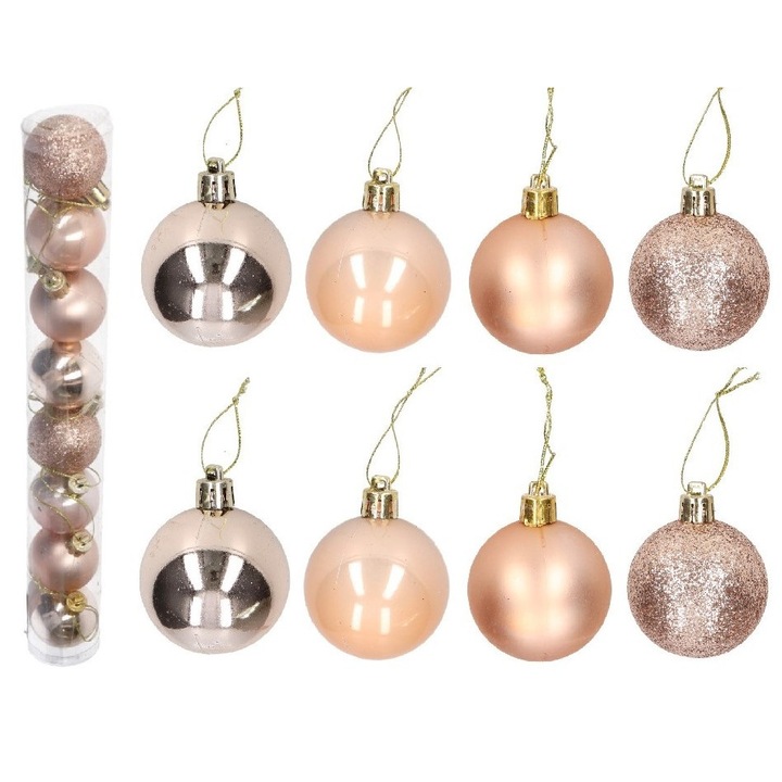 Globuri de Craciun, Luka, set 8 buc, 4cm, roz aurie, plastic