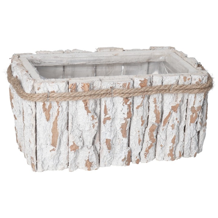 Ghiveci suport din lemn, Luka, alb cu detalii maronii, 26x13.5x12.5cm