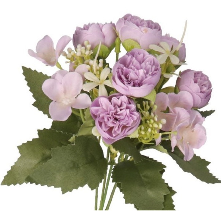 Buchet flori artificiale Deko, 5 ramuri, 28-30cm, culoare roz, cu flori de bujor