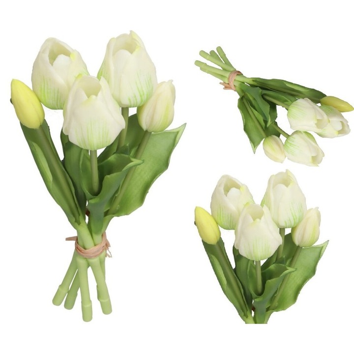 Buchet de flori artificiale, Luka, lalele din cauciuc, alb cu verde, 28-29cm, set de 5 ramuri