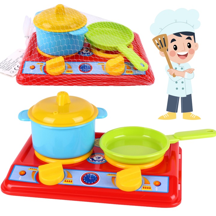 Set Bucatarie pentru Copii, Maksik, Cuptor cu Gaz, Oala cu Capac, Tigaie, 39x39x29cm