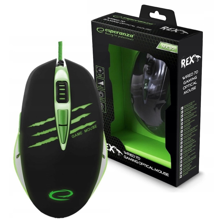 Mouse gaming Esperanza MX401 HAWK, 7 butoane, cablu textil, verde, 125x73x41mm