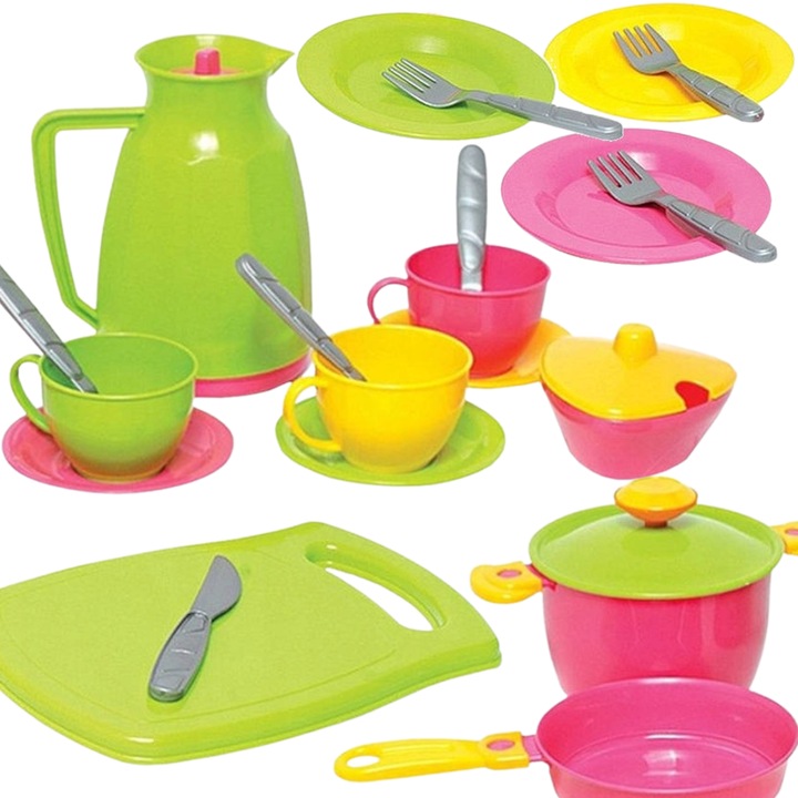 Set ustensile bucătărie copii, TechnoK, 24 elemente, multicolor, din plastic, pentru 3 ani+