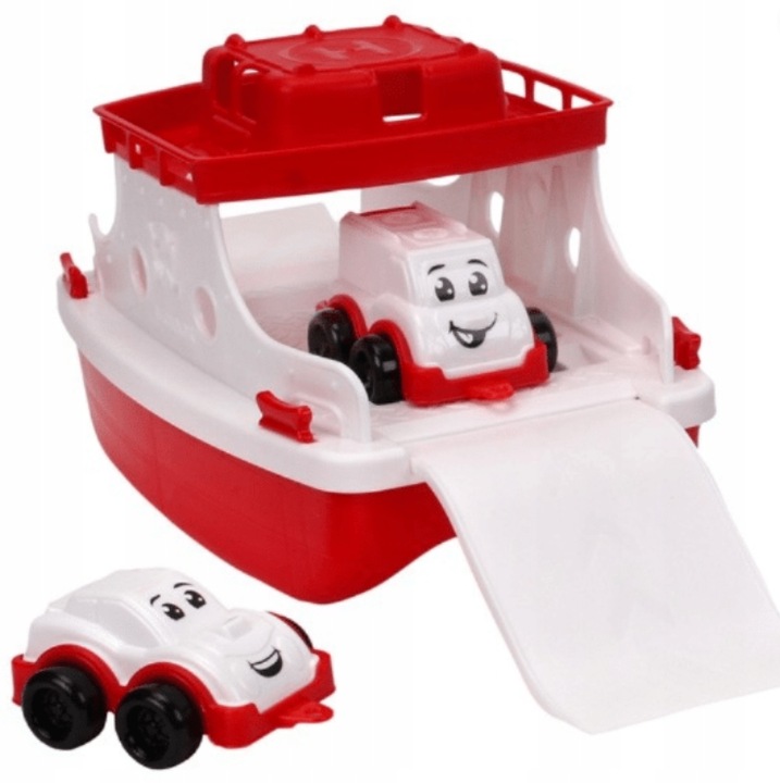 Fürdőjáték szett, TECHNOK, komp és 2 autó, piros/fehér, 3+ gyermekeknek