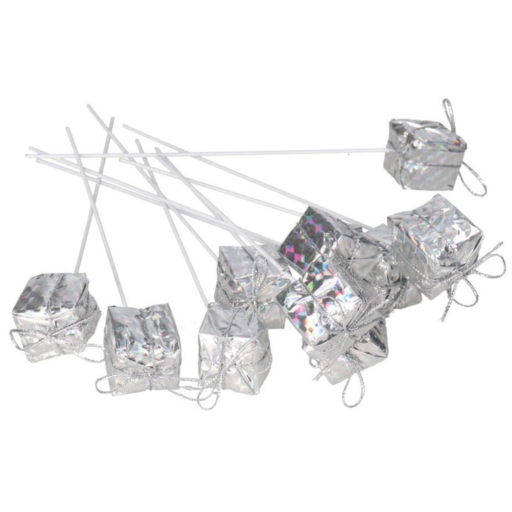 Set 12 accesorii decorative, Luka, argintii, 2,5x2,5cm, 17cm