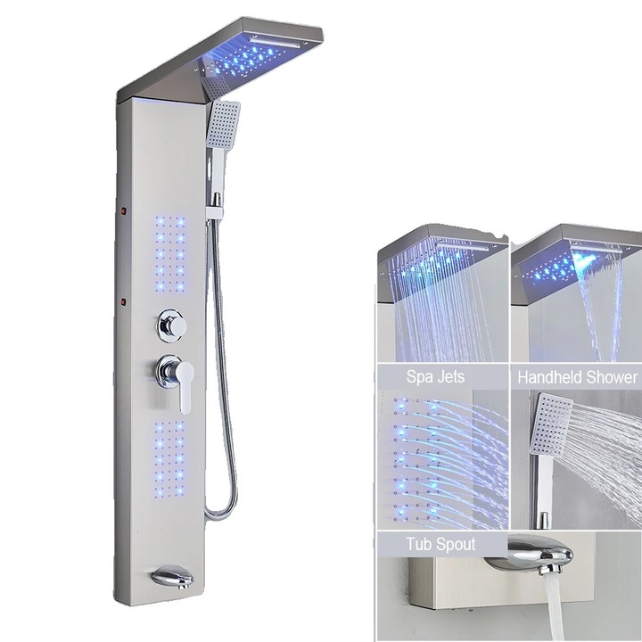 Coloana de dus, sistem cu cap de dus tip ploaie, design modern, functionalitate apa calda si rece, inox periat, montare in perete