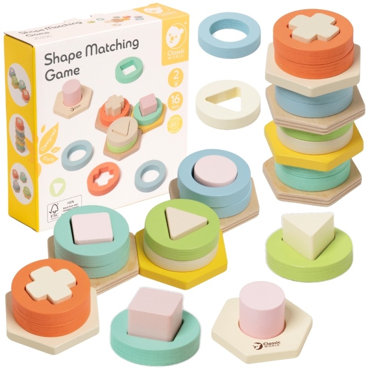 Sorter Montessori, set educativ, 4 baze, 8 forme, culori pastelate, din lemn