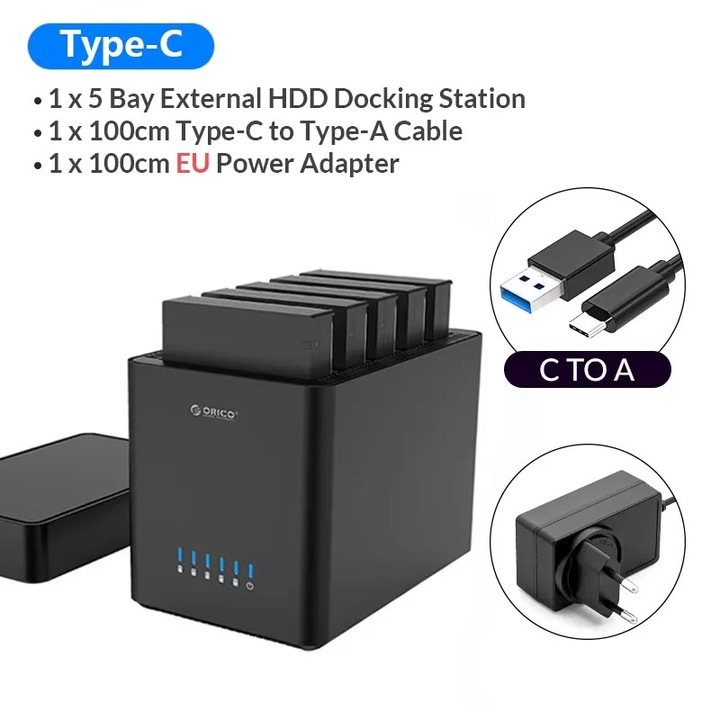 Кутия за твърд диск с 5 слота, капацитет 90TB, USB 3.0/Type-C интерфейс, EU Type-C щепсел