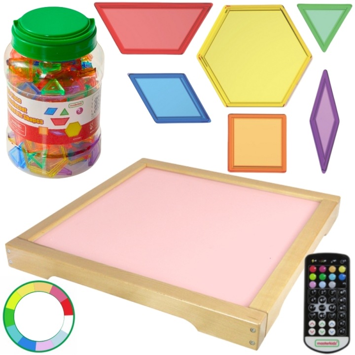 MASTERKIDZ LED világítópanel változó színekkel távirányítóval + Montessori mozaikkockák 140 db.